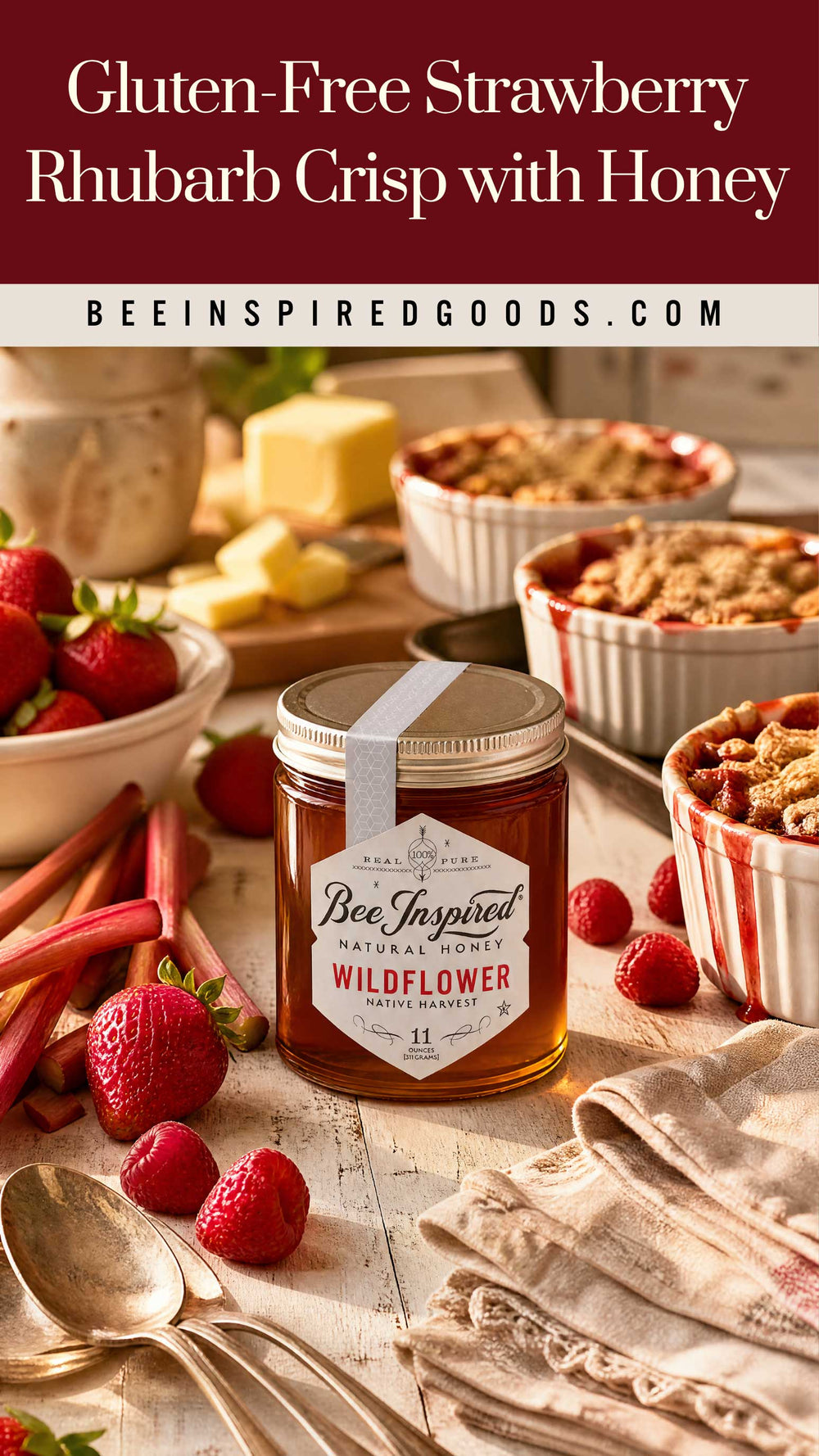 Jar of honey with strawberries and rhubarb on a wooden table, featuring text about gluten-free strawberry rhubarb crisp.