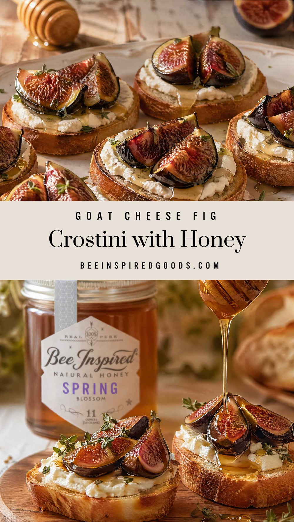 Goat cheese fig crostini with honey on a wooden board, featuring a jar of honey and a spoon with honey.