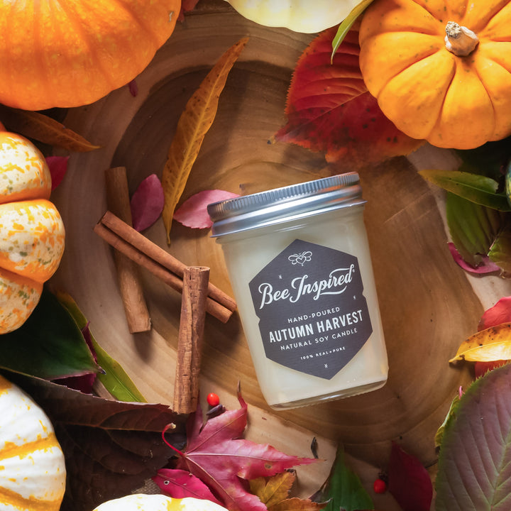 Bee Inspired autumn harvest candle surrounded by pumpkins, leaves, and cinnamon sticks on a wooden surface.