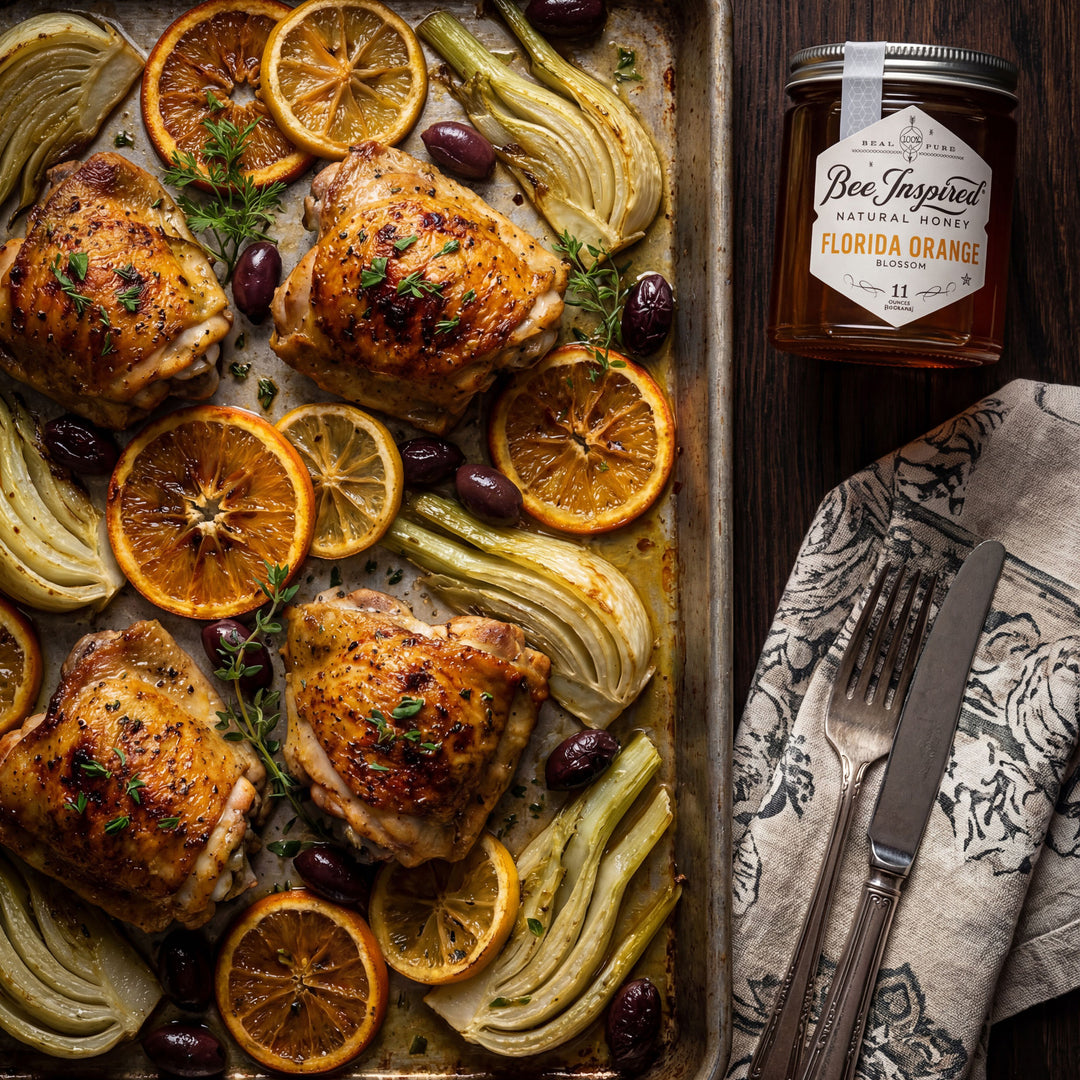 Roasted chicken with oranges and herbs on a baking tray, accompanied by a jar of honey.