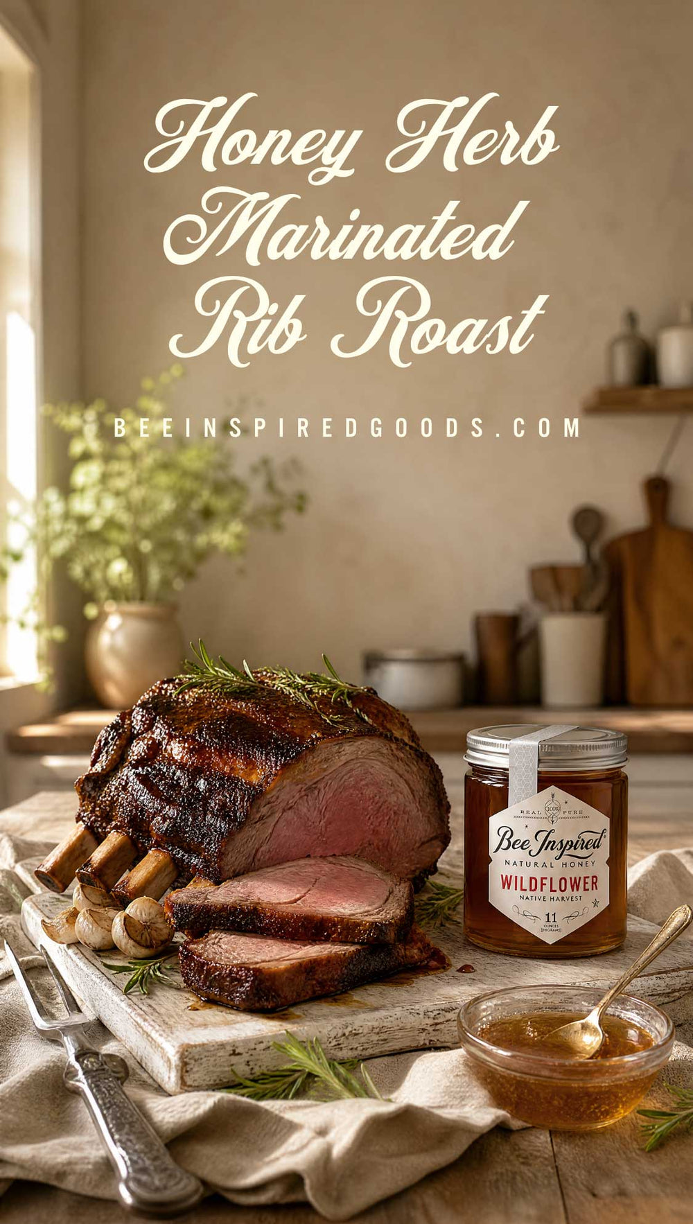A sliced honey herb marinated rib roast on a cutting board with a jar of Ben Joyard's Wildflower Honey and a small bowl of honey in a rustic kitchen setting. Text overlay reads 'Honey Herb Marinated Rib Roast' with 'BEEINSPIREDGOODS.