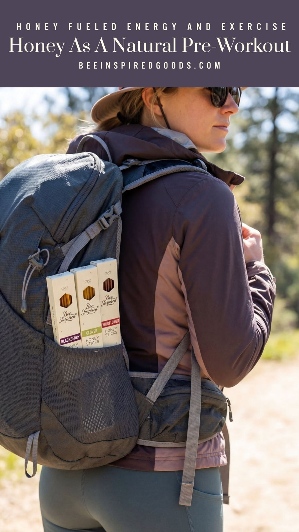 Person with a backpack carrying honey packages outdoors tall pin