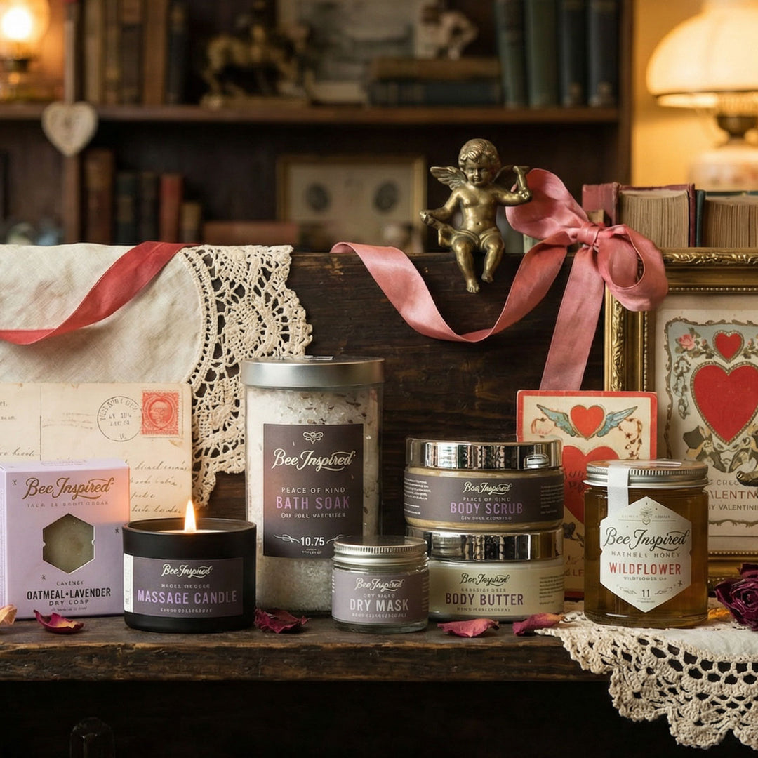 Collection of Bee Inspired skincare and body care products on a wooden surface with decorative elements.