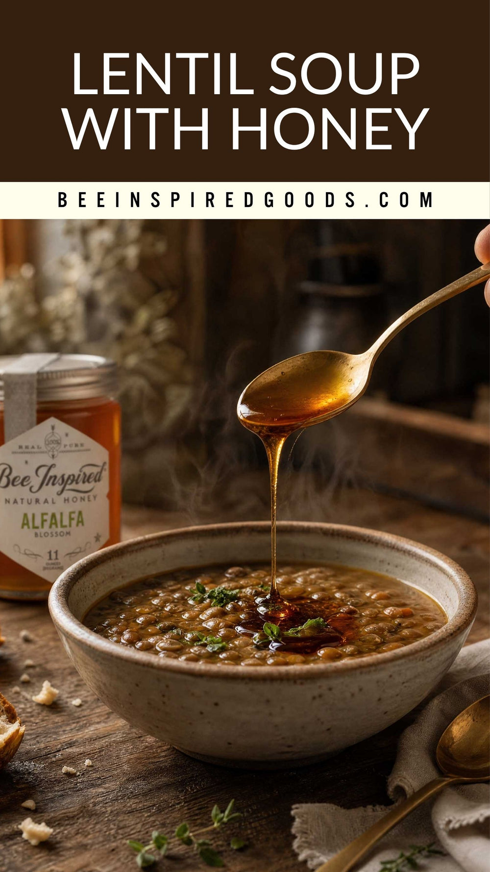 A bowl of lentil soup with honey being drizzled from a spoon, with a jar of Bee Inspired Goods Alfalfa natural honey in the background. Large text at the top reads 'LENTIL SOUP WITH HONEY' and 'BEEINSPIREDGOODS.