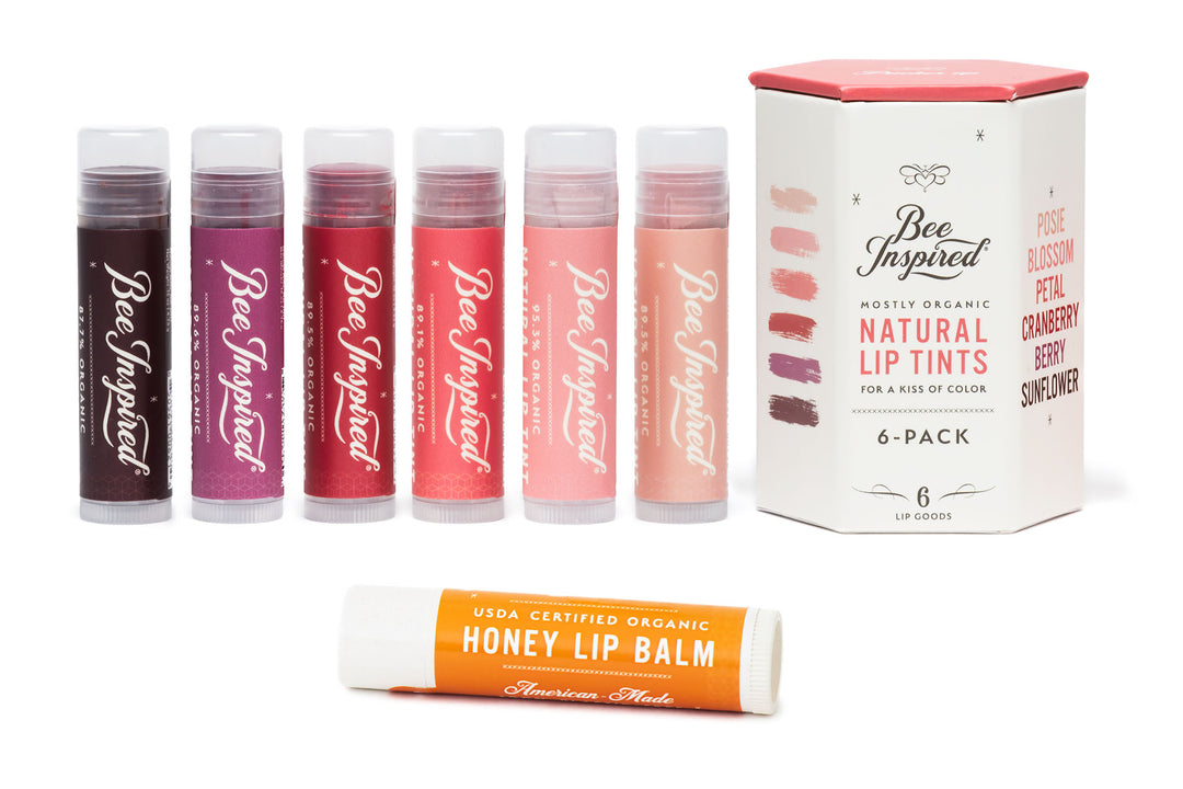 lip tint six-pack with honey lip balm against white 