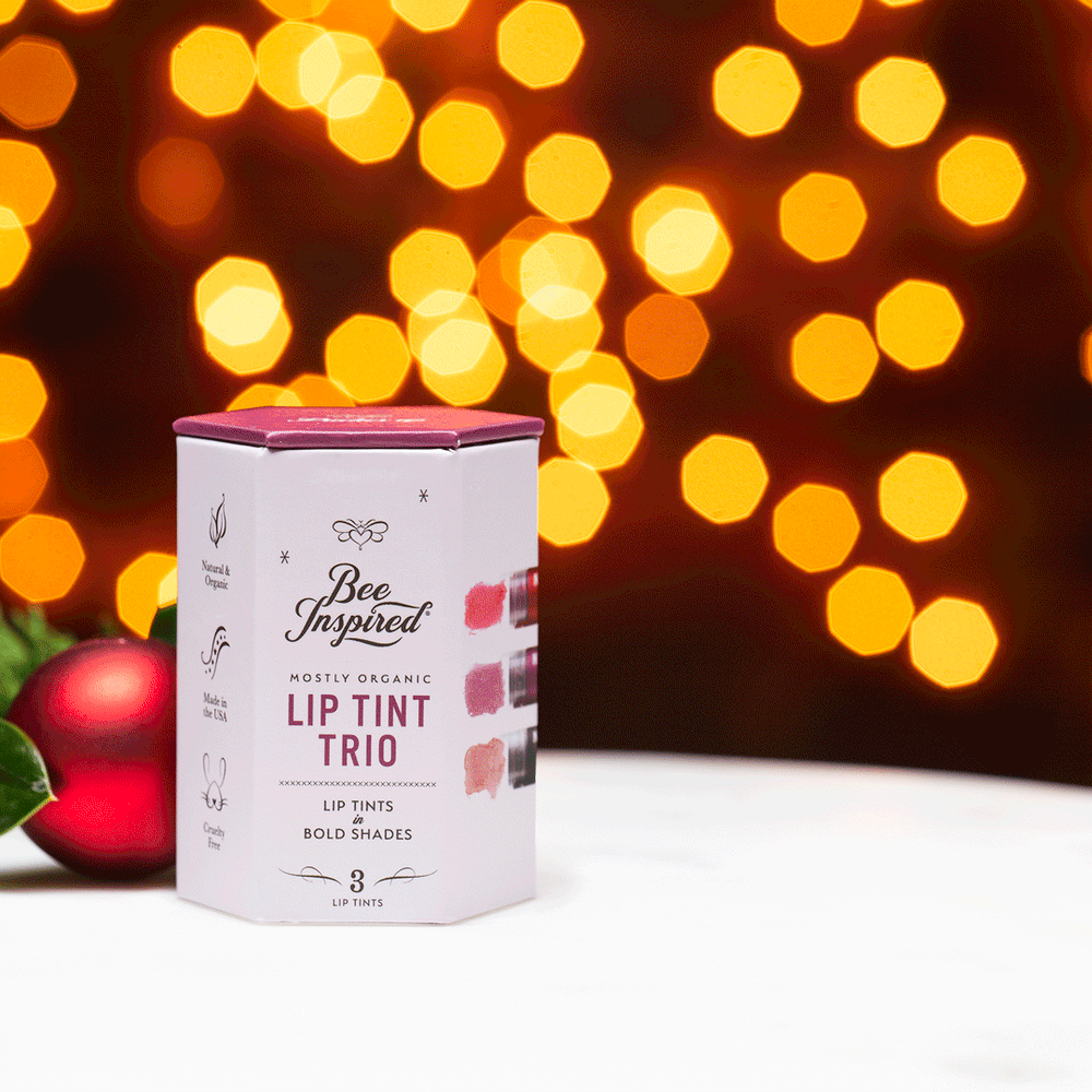 A short animation of the Bee Inspired Bold lip tint trio contents 