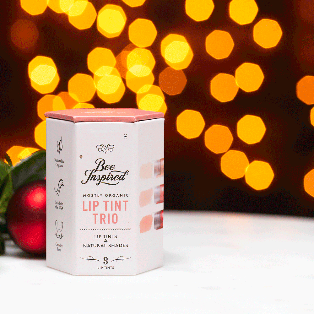 A short animation of the Bee Inspired Naturals lip tint trio contents 