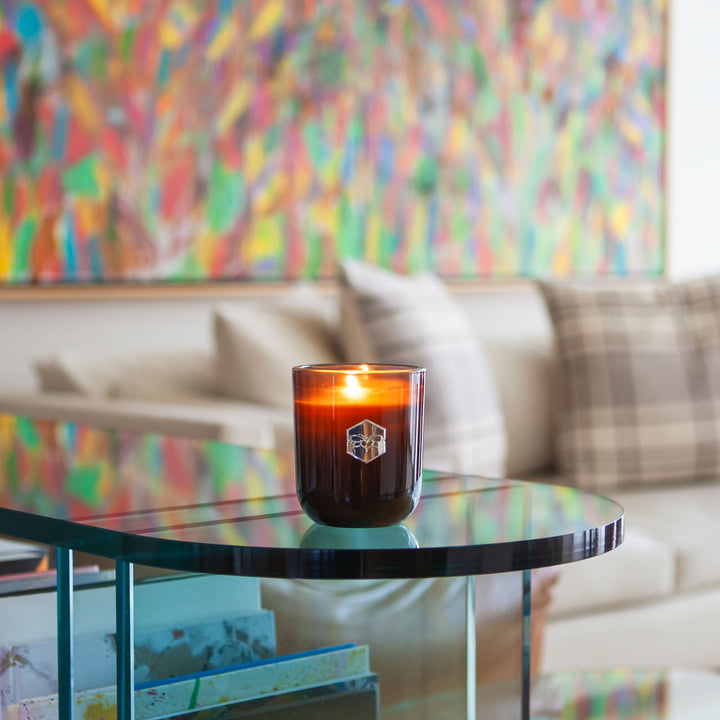 Luxe Candle from bee inspired honey retail store in owings mills in our living room