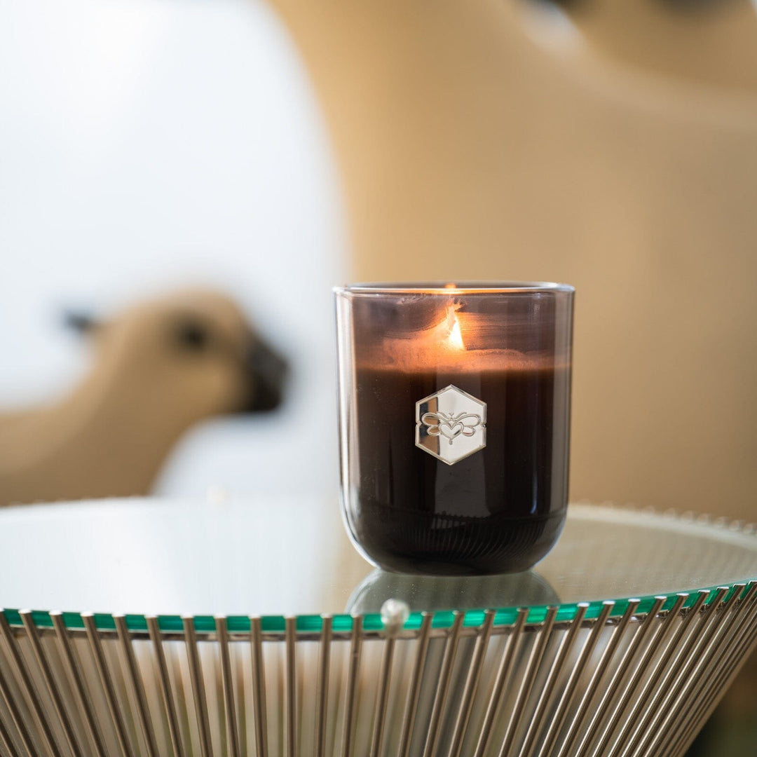 blush apricot luxe candle with sheep sculpture