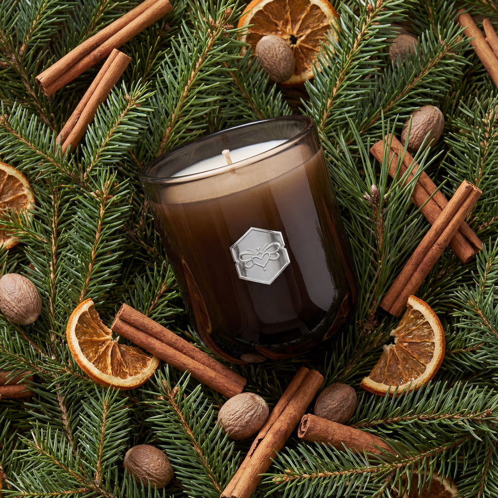 Candle surrounded by pine branches, cinnamon sticks, and orange slices on a green background