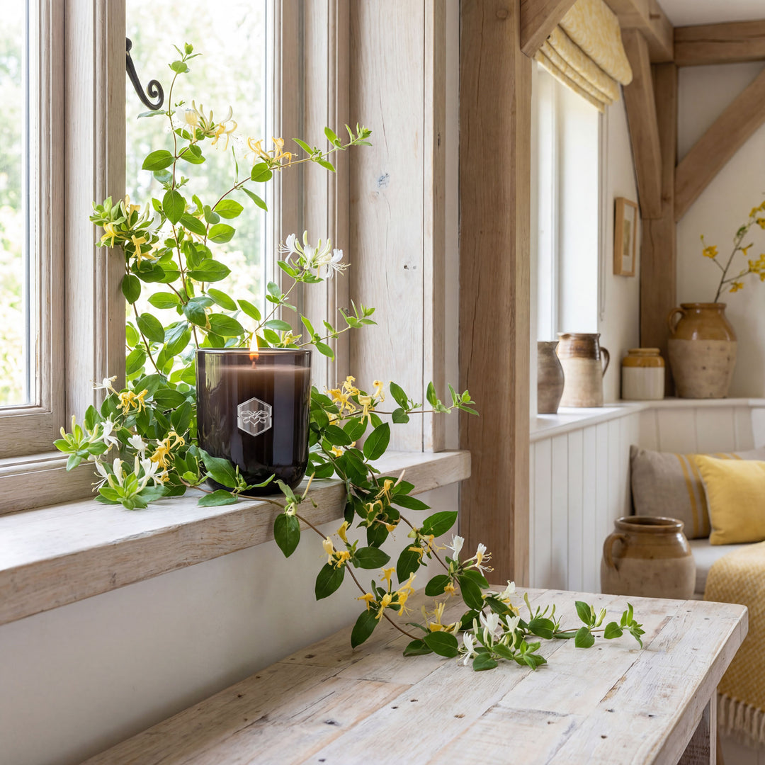 Candle with flowers on a wooden table in a cozy room with a window and bench.