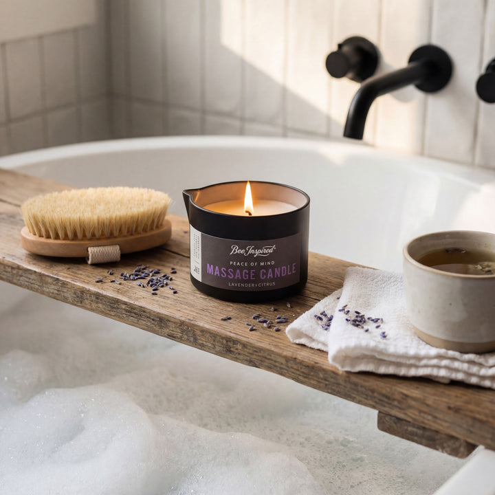 Massage candle on a wooden shelf over a bathtub with a bath bomb and towel.