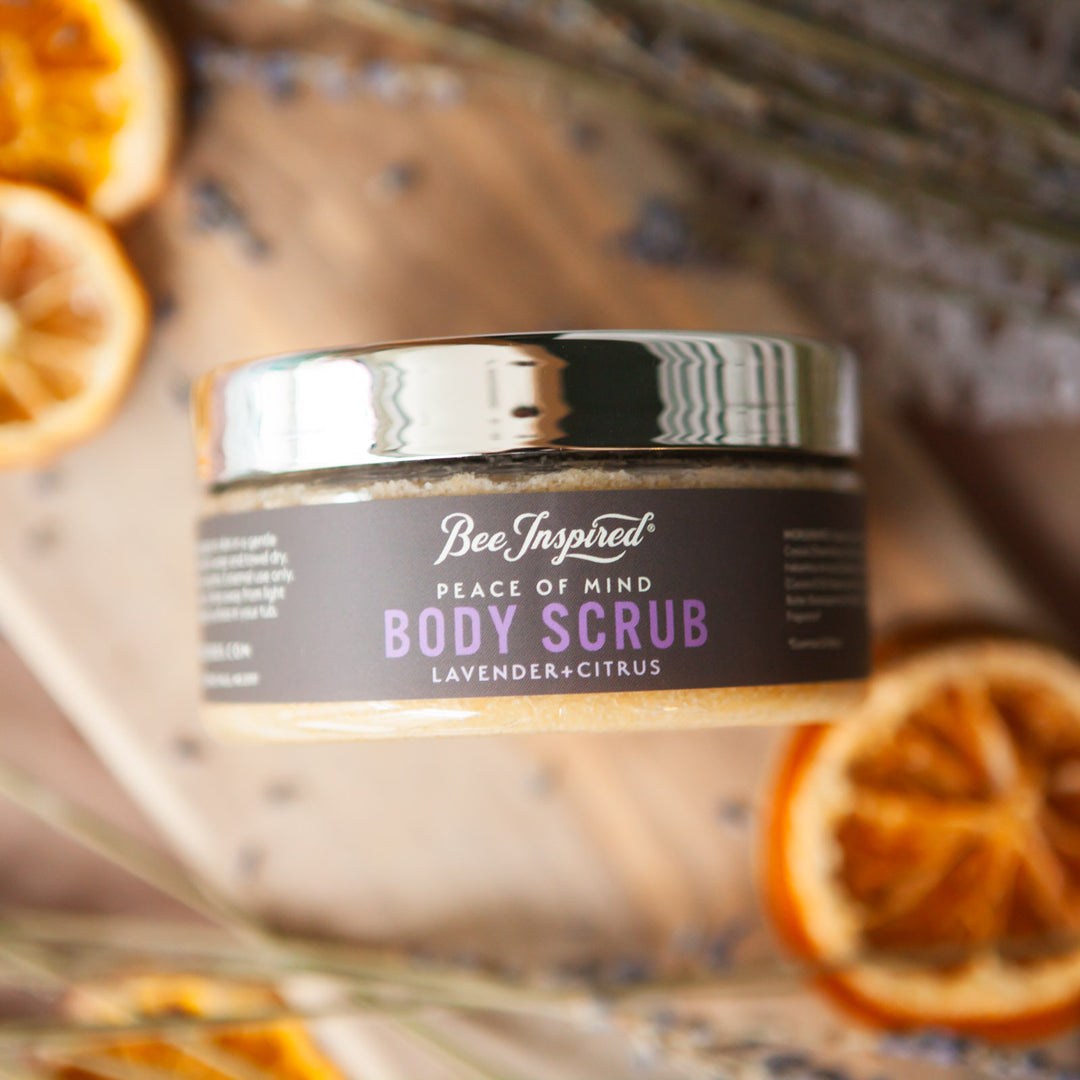 peace body scrub with orange slices and lavender