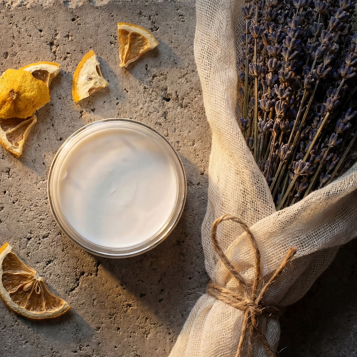 Jar of body butter with dried lemon slices and lavender on a textured surface
