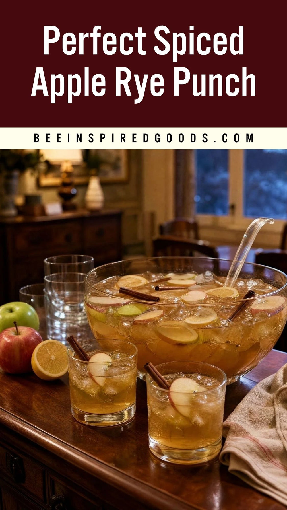 A large glass punch bowl and two glasses of iced apple rye punch with apple slices, cinnamon sticks, and lemon garnish on a wooden table, with text overlay reading 'Perfect Spiced Apple Rye Punch' and 'BEEINSPIREDGOODS.COM'.
