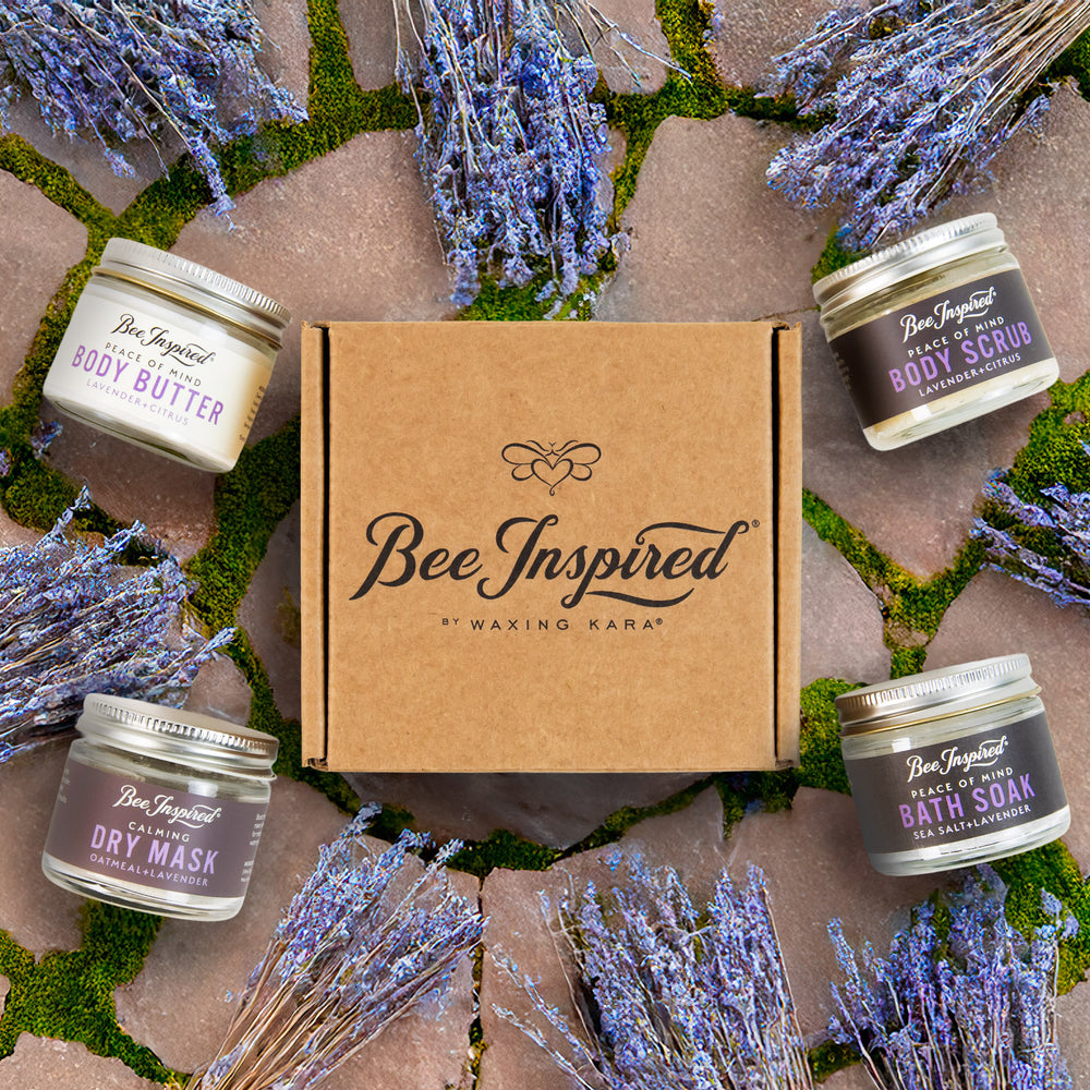 Petite Lavender set displayed with bundles of fresh lavender