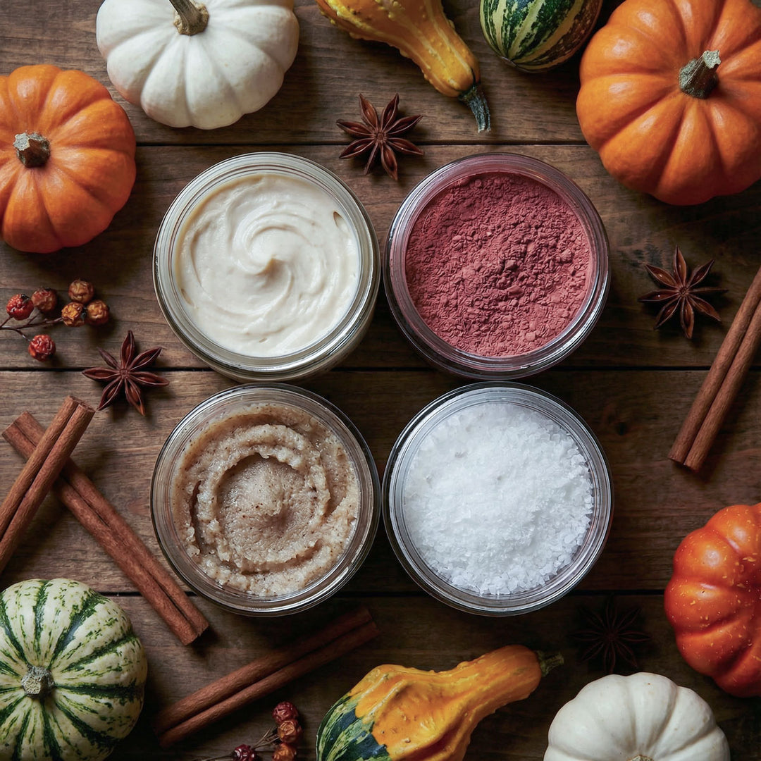 Four containers of different colored powders on a wooden surface with pumpkins and cinnamon sticks.