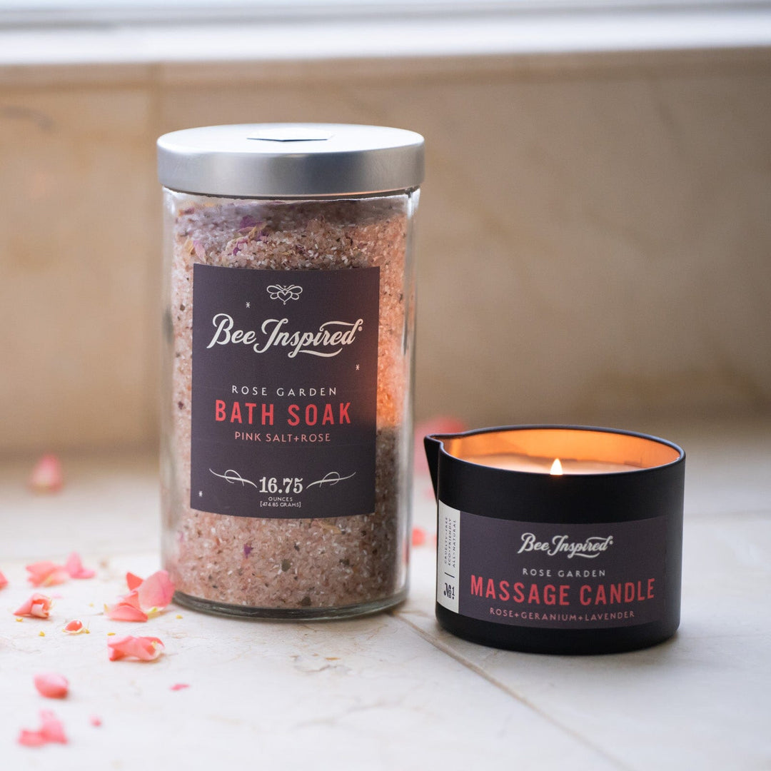 Rose Garden Body Soak in glass and Rose Garden massage candle