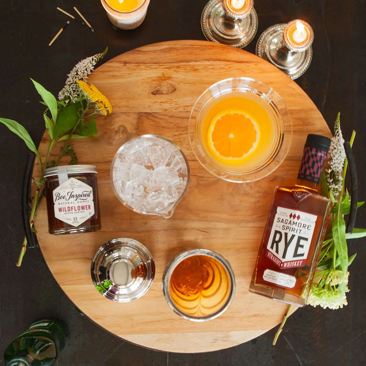 Aerial view of rye crush cocktail made with Wildflower honey 