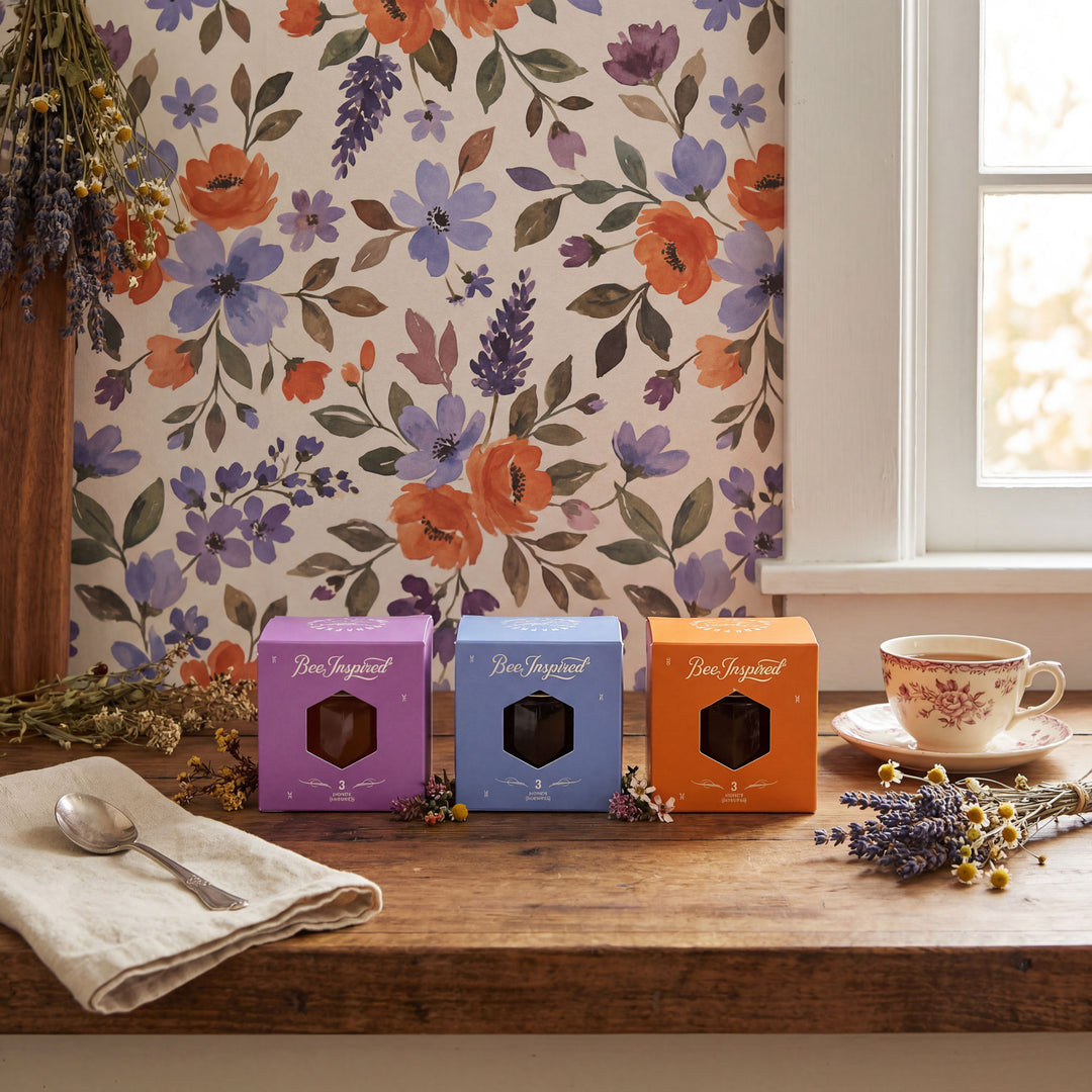 Three tea boxes on a wooden table with a floral curtain in the background