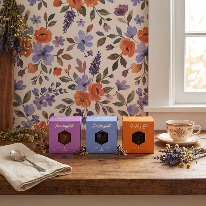 Three tea boxes on a wooden table with a floral curtain in the background