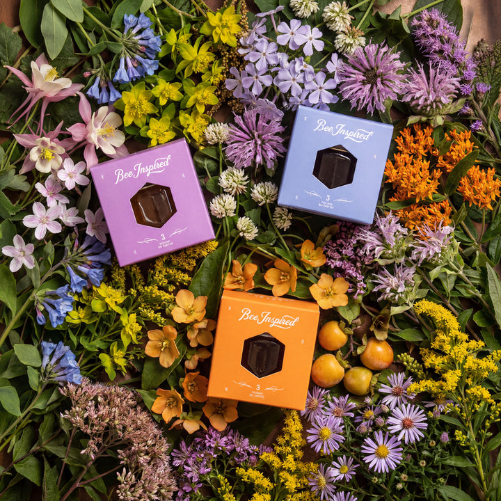 Three chocolate bars in colorful boxes surrounded by a variety of flowers on a bed of green leaves.