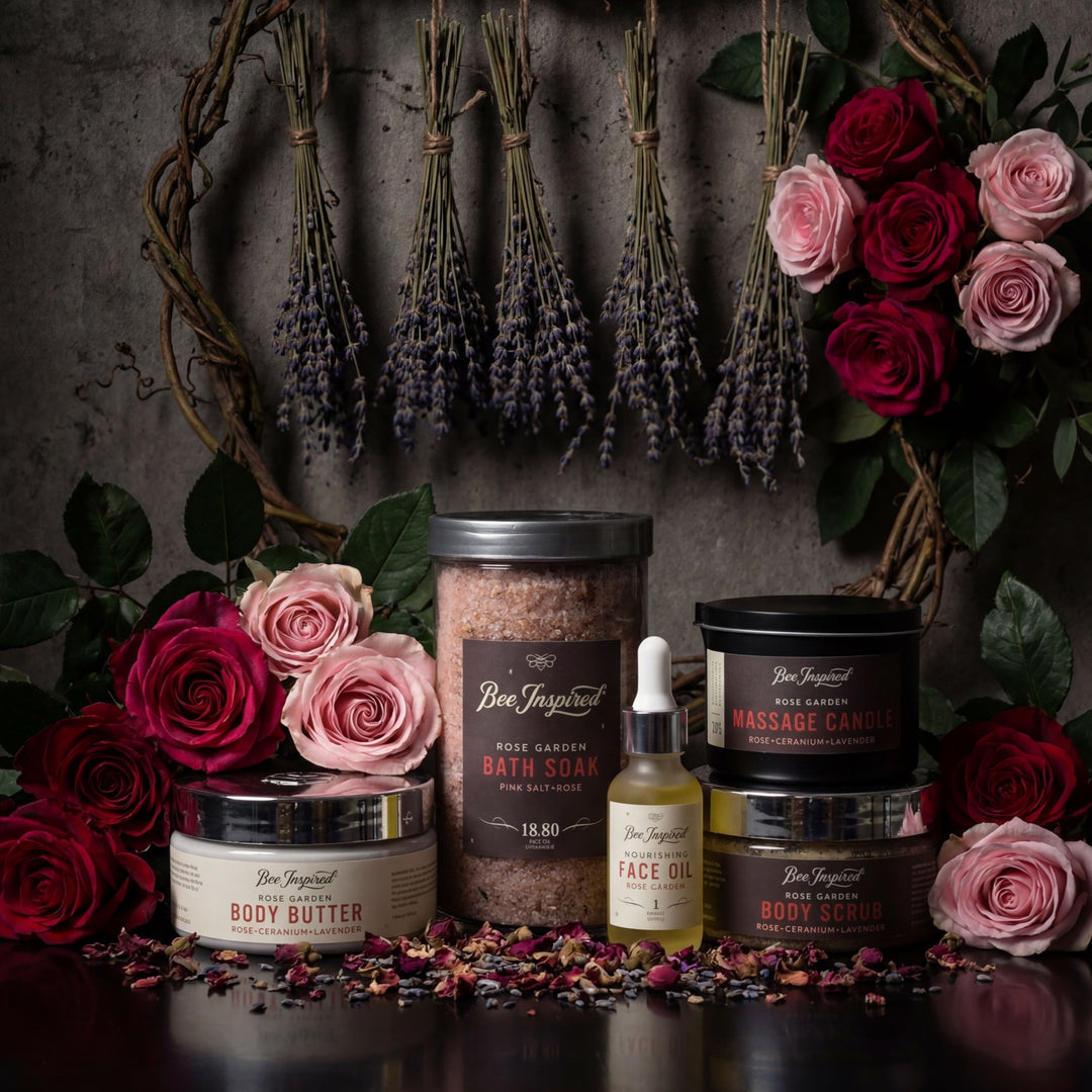 Collection of Bee Inspired beauty products with flowers and lavender on a dark background