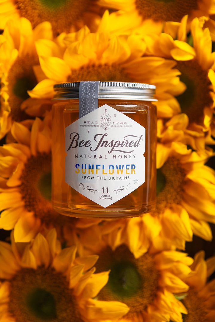 ukranian sunflower honey on top of sunflowers