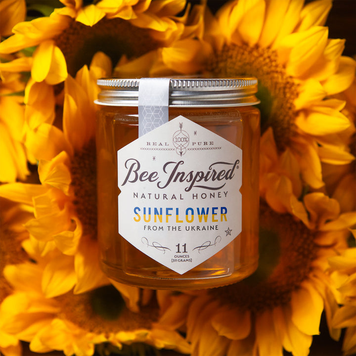 ukranian sunflower honey on top of sunflowers