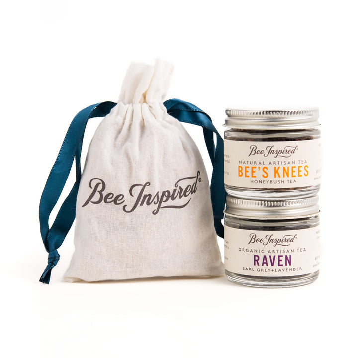 Bee Inspired tea jars with a drawstring bag on a white background