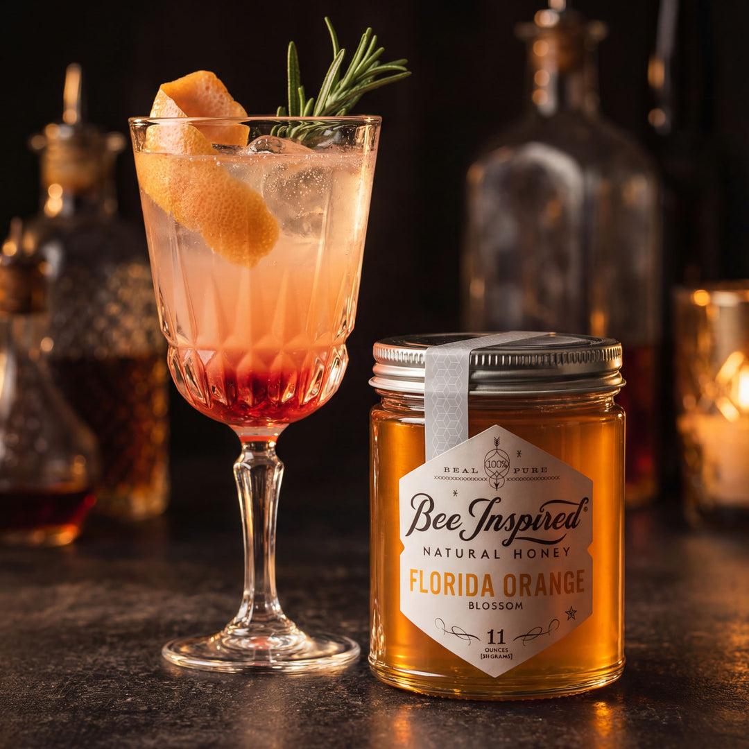Cocktail with garnish next to a jar of 'Bee Inspired' Florida Orange Blossom honey on a dark background.