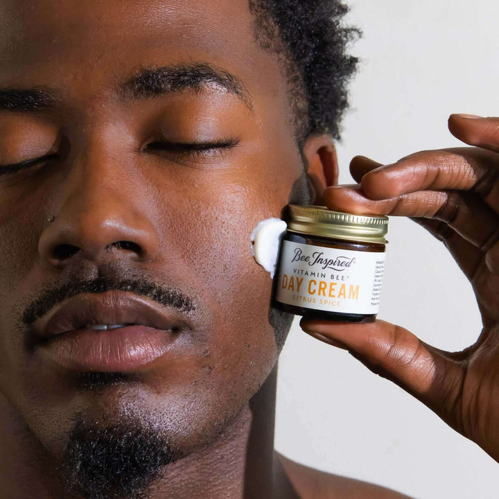 man with Vitamin Bee citrus spice day cream on his face