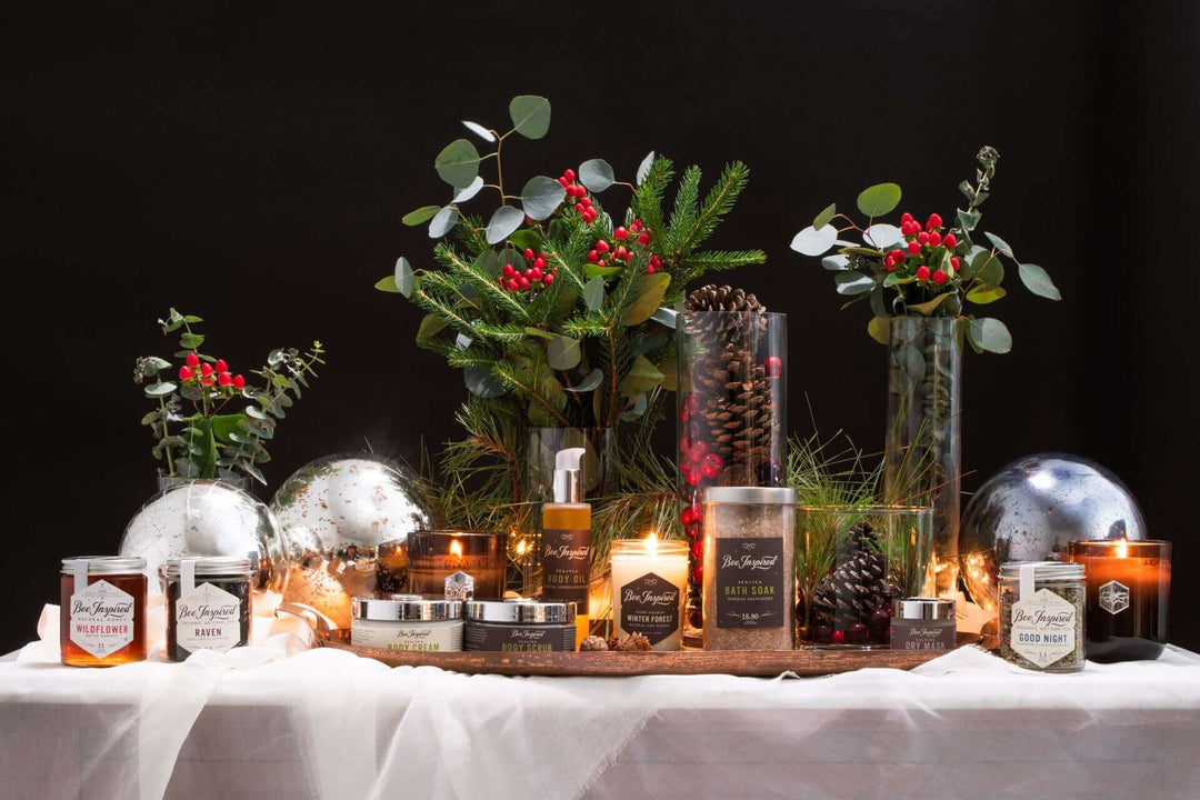 Winter Respite collection by Bee Inspired Goods in front of holiday display 