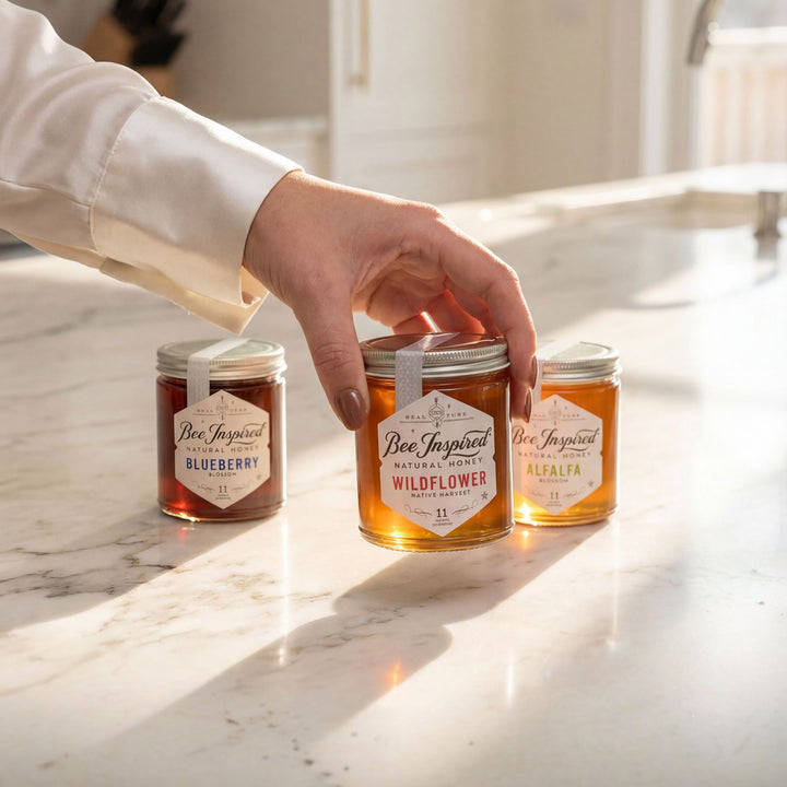 Hand holding a jar of 'Bee Inspired' honey on a marble surface with other jars in the background.