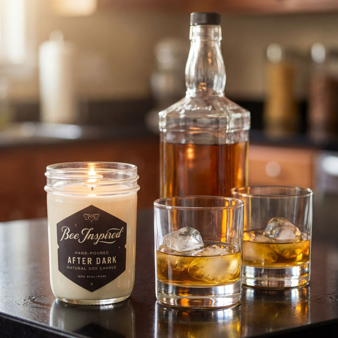 Candle labeled 'Bee Inspired' next to a bottle and two glasses of whiskey on a wooden surface.