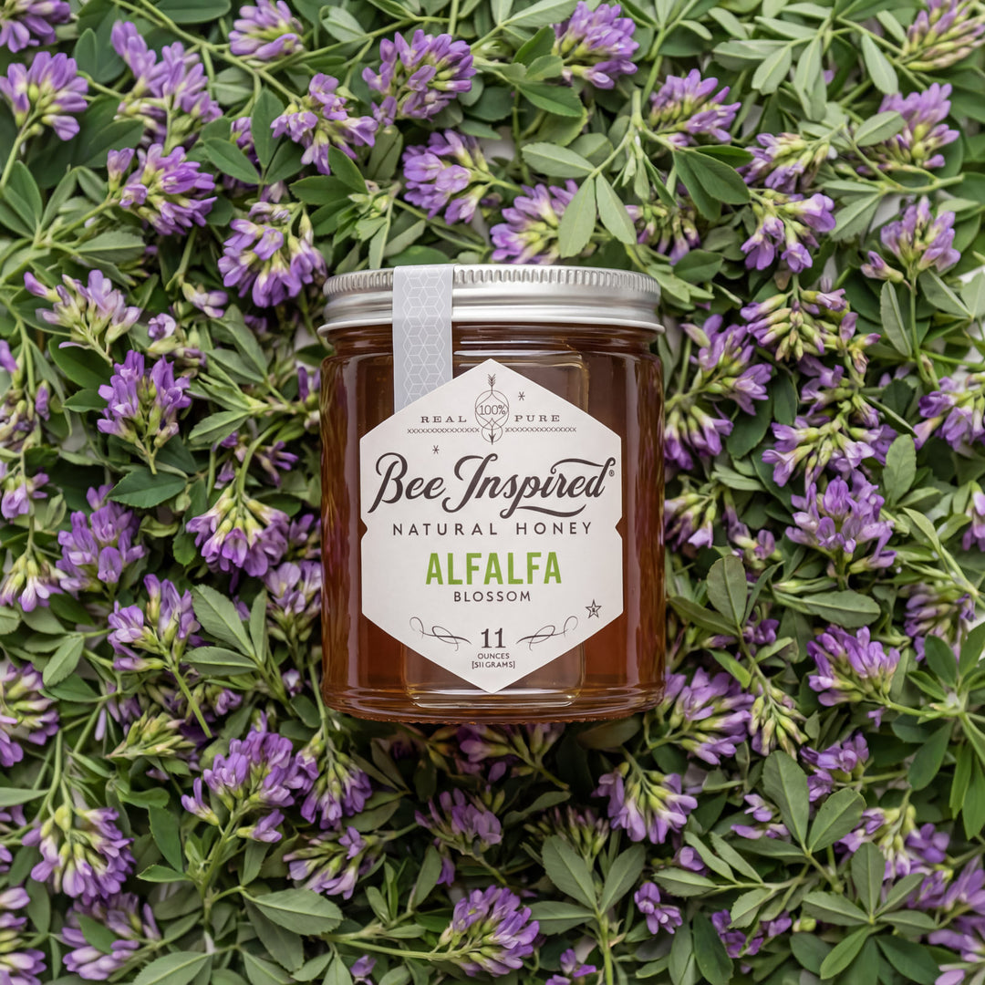 Jar of Bee Inspired honey surrounded by alfalfa flowers