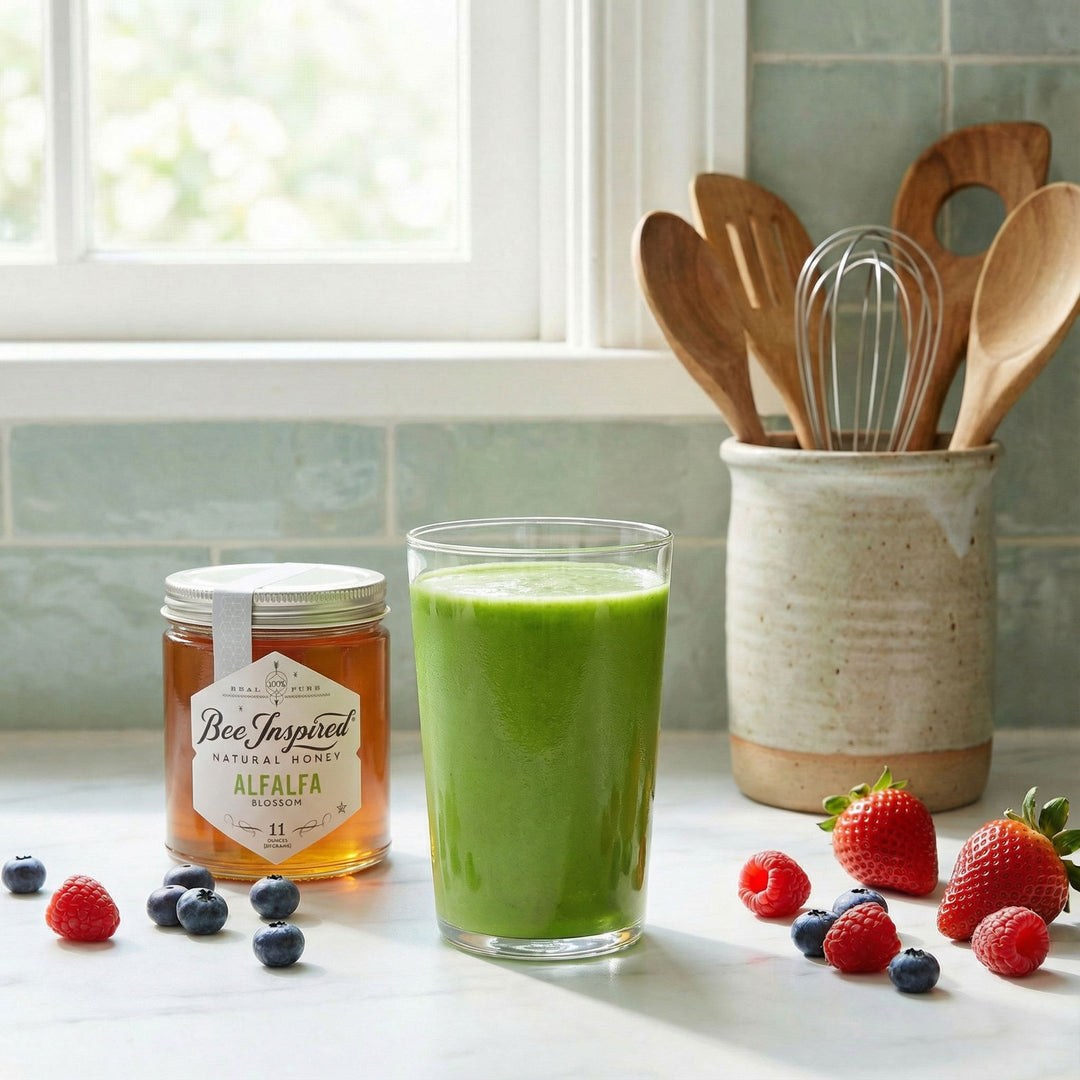 Green smoothie in a glass with a jar of honey, strawberries, and blueberries on a kitchen counter.