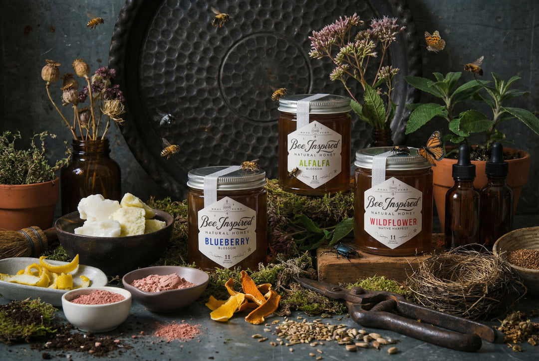 Jars of Bee Inspired honey on a rustic table with flowers and plants.