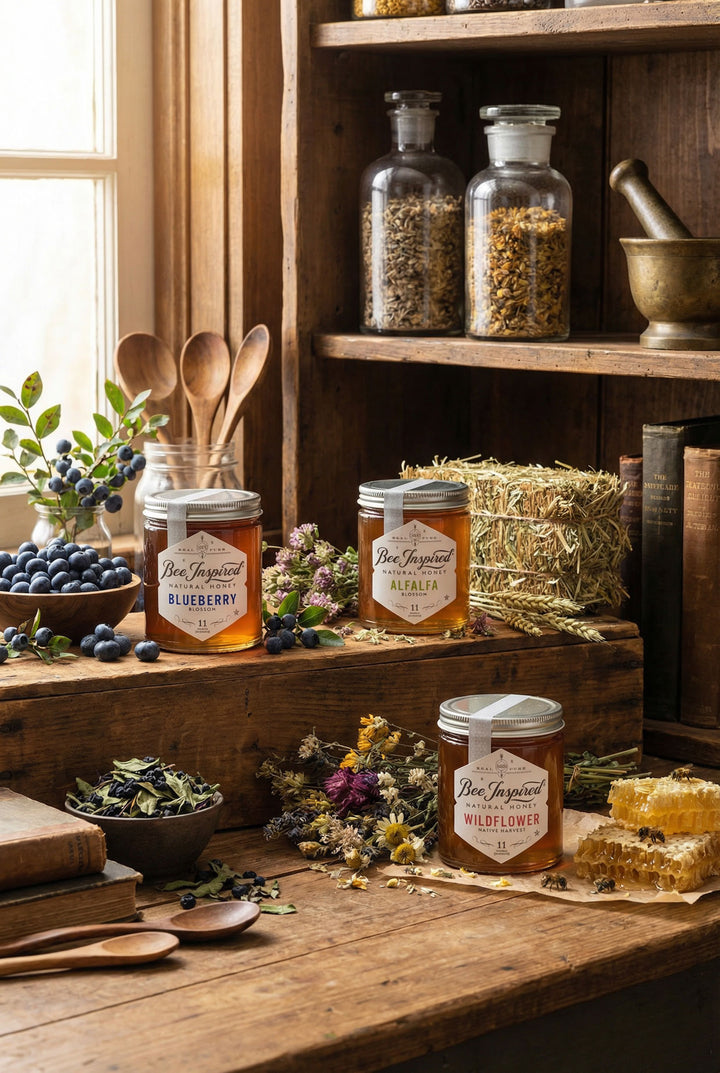 Allergy support set of three honey with labels on a wooden surface and shelf with herbs, fruits, greens and books.