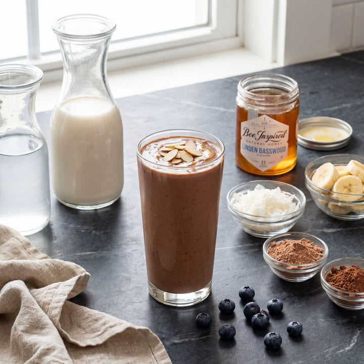Chocolate smoothie with ingredients on a dark surface near a window