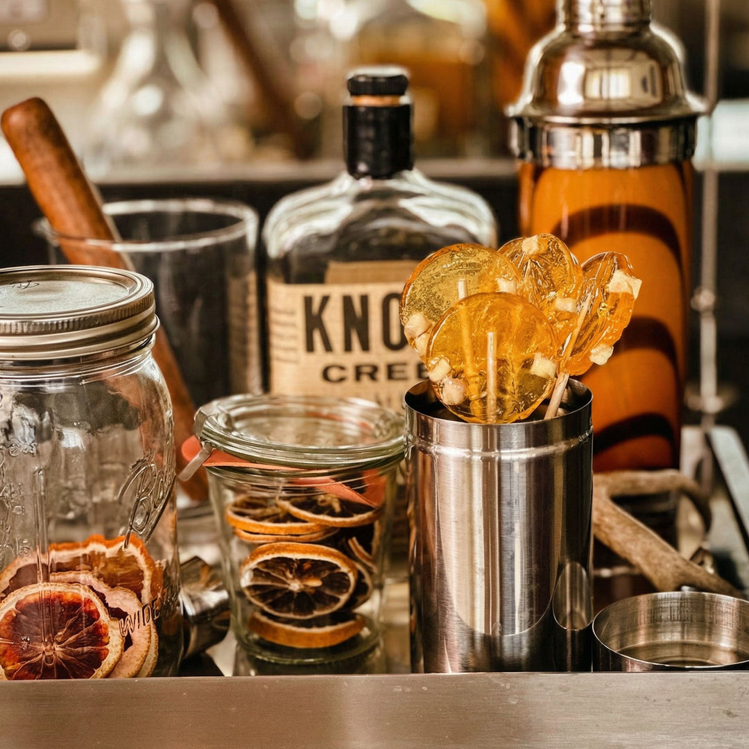Bar set with apples and honey lollipops cocktail shaker and dried citrus with muttler and silver tray