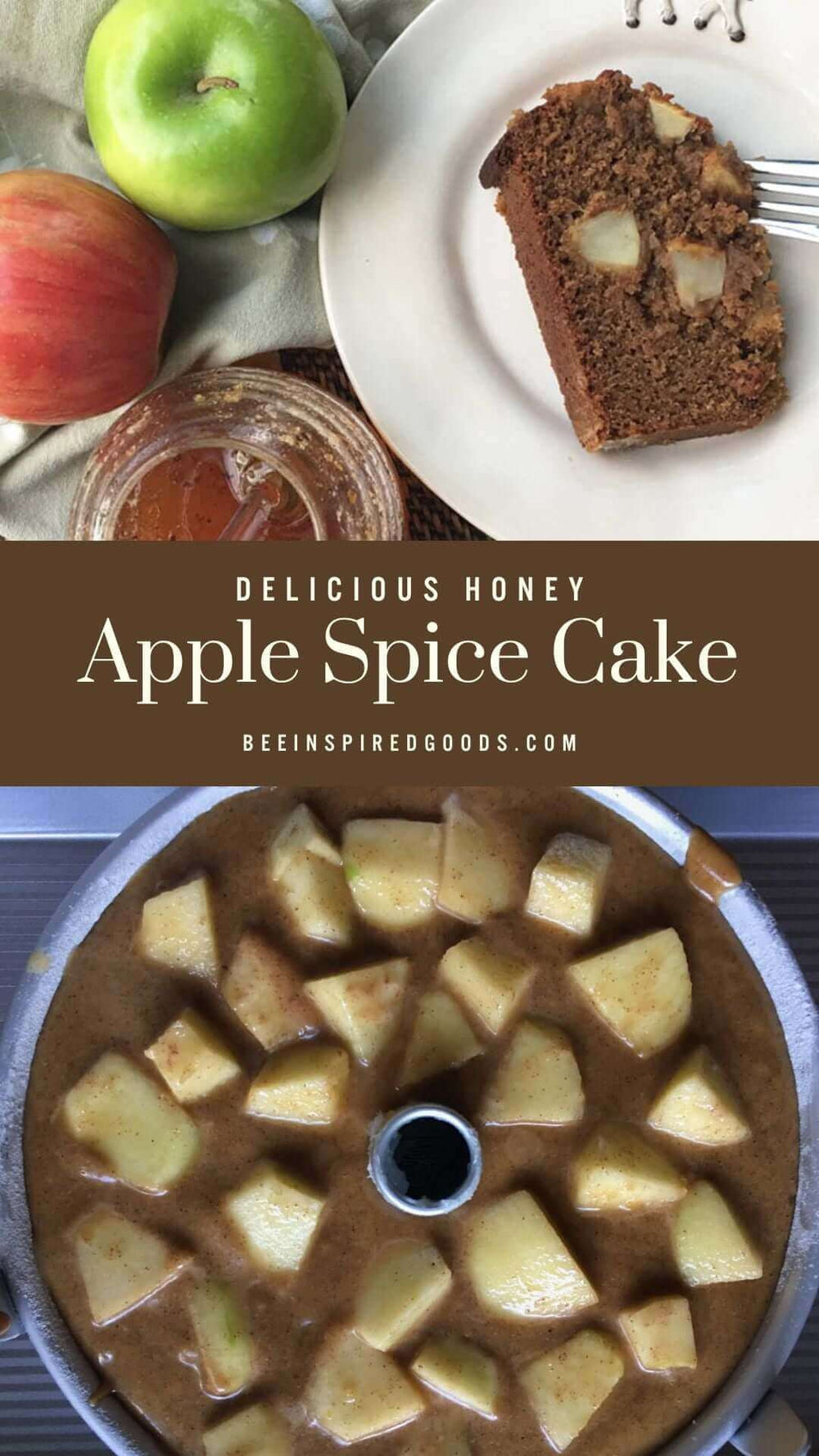 "Delicious honey apple spice cake" with cake batter and a slice of apple cake 