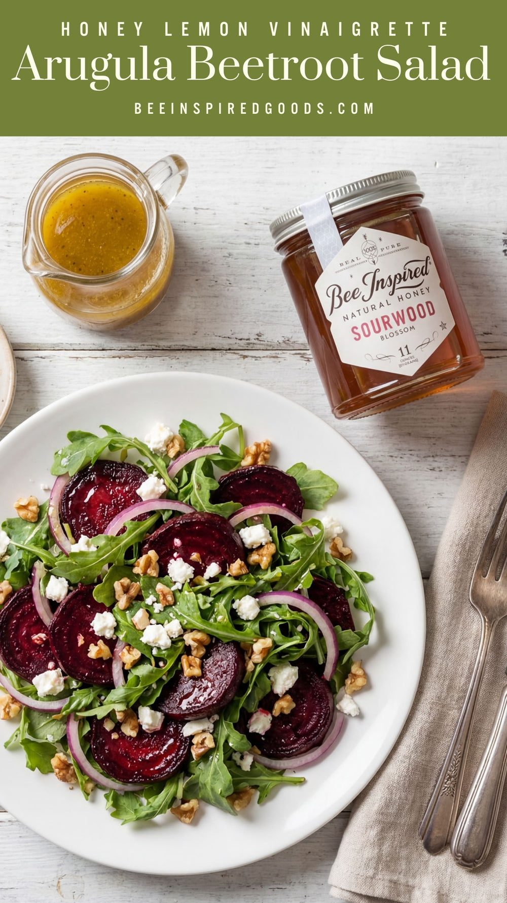 Arugula Beetroot Salad with a jar of Sourwood Honey and honey lemon vinaigrette on a wooden table.