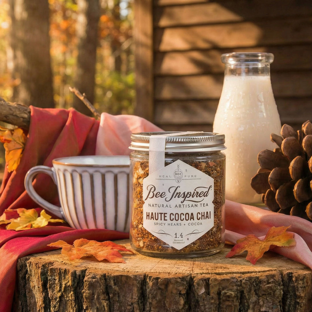 Jar of 'Bee Inspired' haute cocoa chai tera on a wooden log with a mug, bottle of milk, and fall leaves in the background.