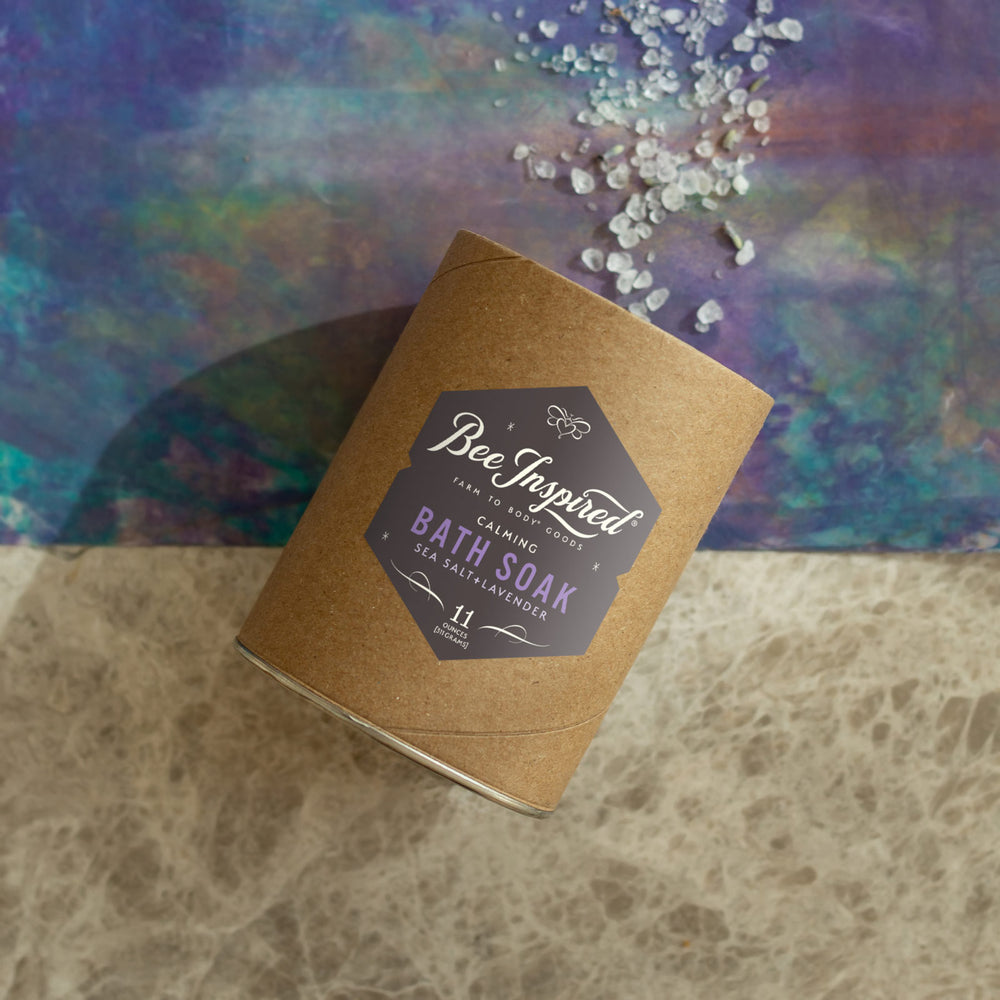 Calming bath soak on purple and blue art 