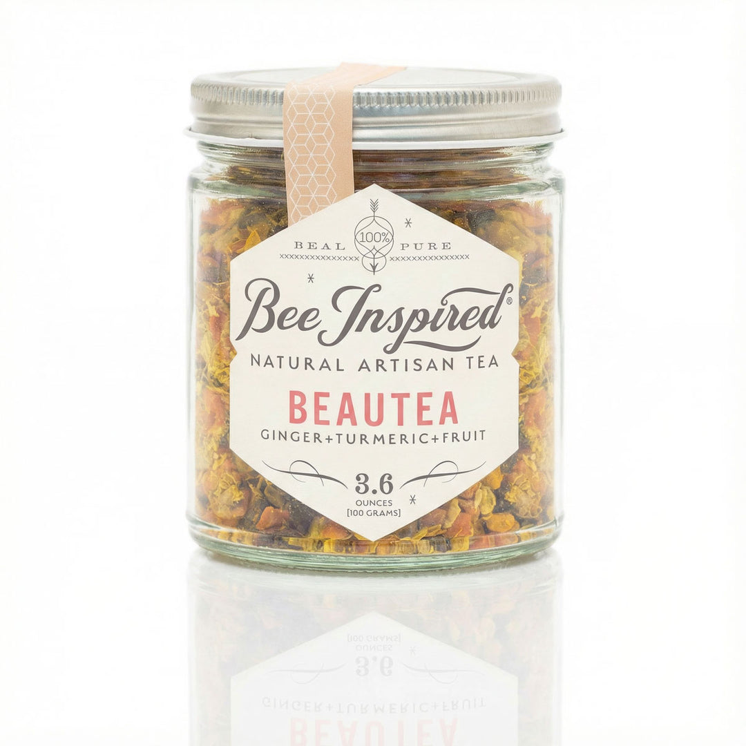 Jar of 'Bee Inspired' Beautea natural artisan tea on a white background