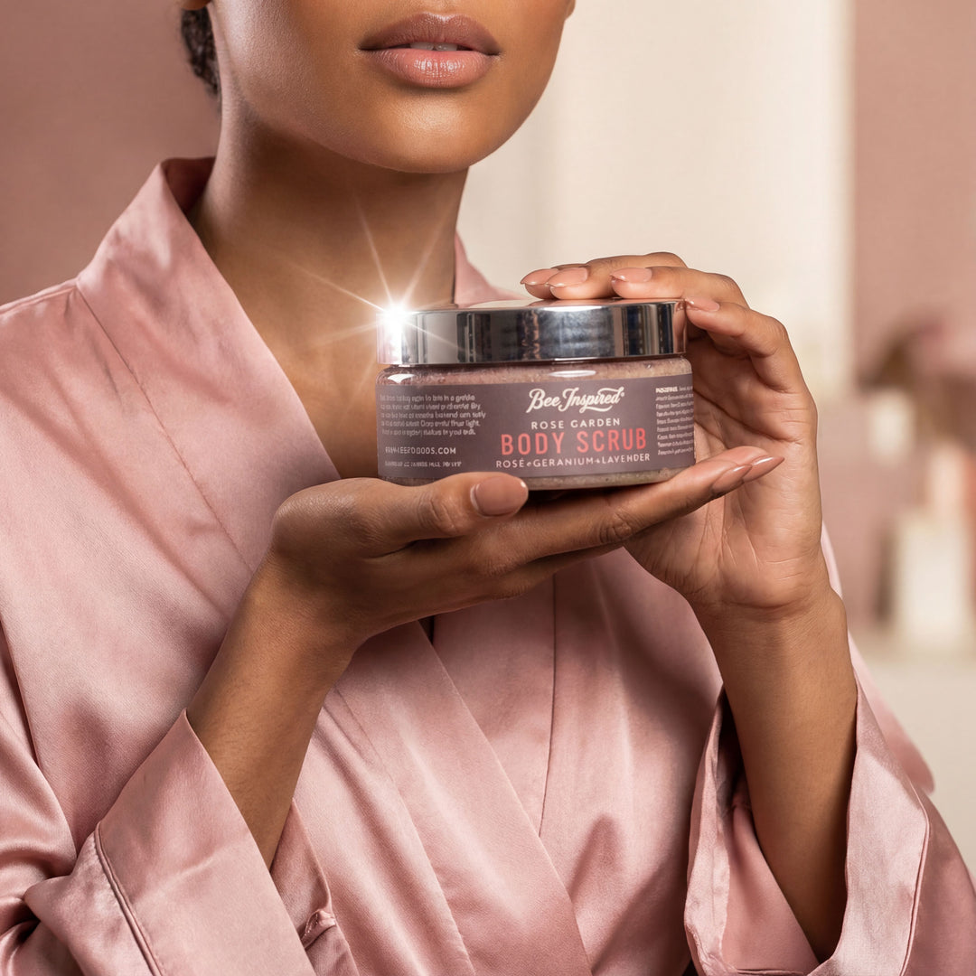 Person holding a jar of body scrub with a soft focus background