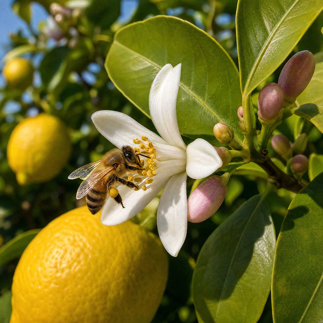 bee pollinating lemon blossom on lemon tree close up