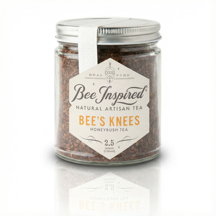 Jar of Bee Inspired Bee's Knees Honeybush Tea on a white background