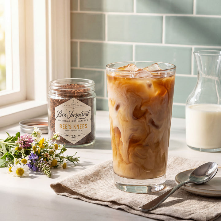 Iced coffee in a glass with a jar of 'Bee's Knees' honey on a table.